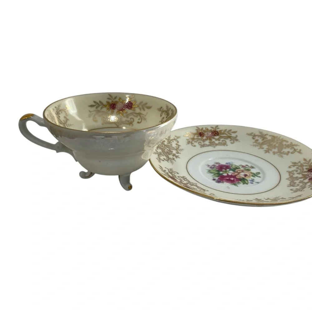 Vintage Footed Tea Cup Saucer Del Mar Hand Painted Floral Design‎ 24K Gold Trim